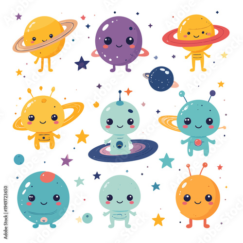 Seamless Vector Pattern of Cute Aliens, Planets, and Stars for Space Scrapbook Design