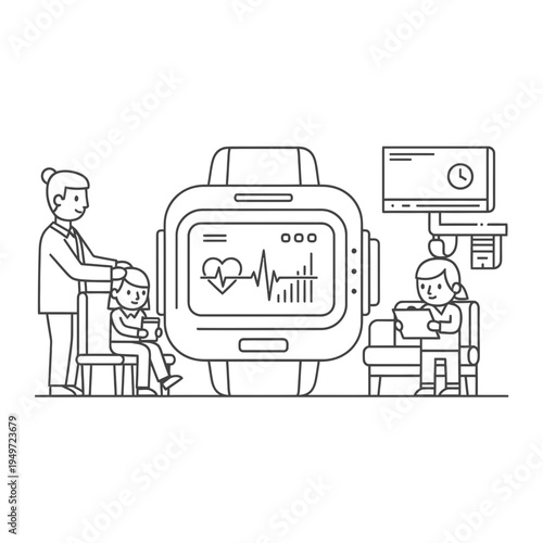 Wearable Technology in Healthcare with Doctor and Patients vector illustration