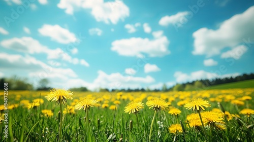 Beautiful meadow with fresh green grass and blooming yellow dandelions under a soft blue sky with clouds, serene spring and summer natural landscape