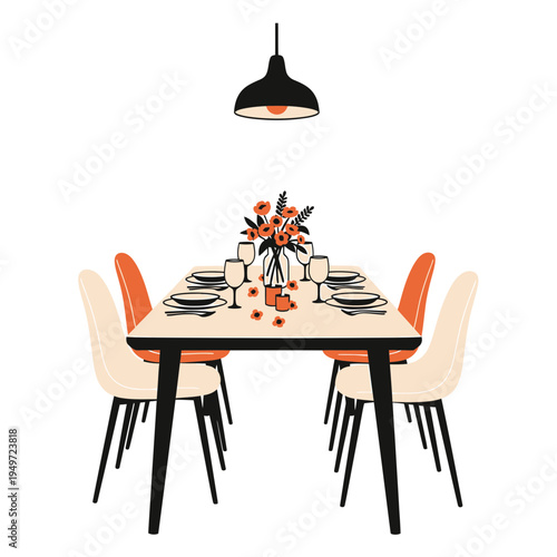 Dining Table Setting with Floral Centerpiece vector illustration