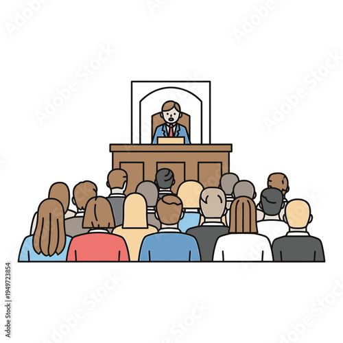 Judge Presiding Over Courtroom with Audience vector illustration