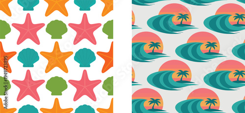 Vibrant seamless patterns featuring starfish and beach waves