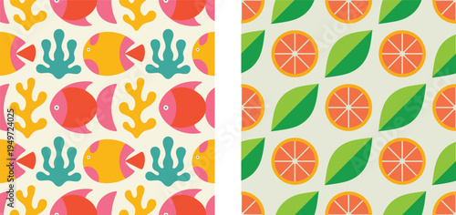 Vibrant tropical pattern with fish, coral, and citrus fruits on green background
