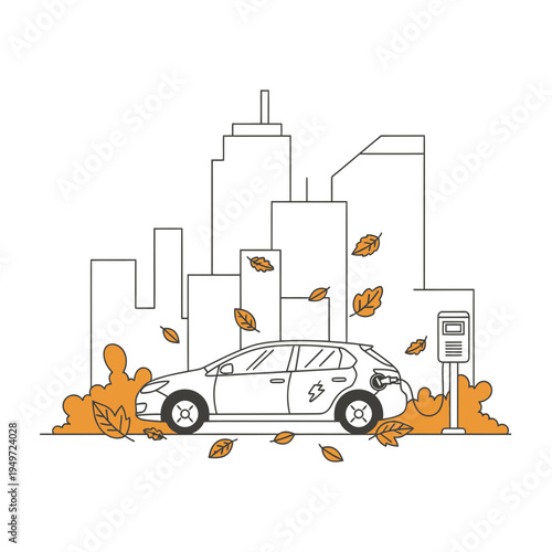 Modern Car Cityscape with Autumn Leaves vector illustration