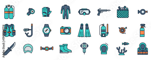 Scuba Diving Equipment Icons Set