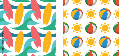 Vibrant summer seamless patterns with surfboards beach balls and suns