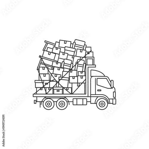 Overloaded Truck with Boxes Line Art vector illustration