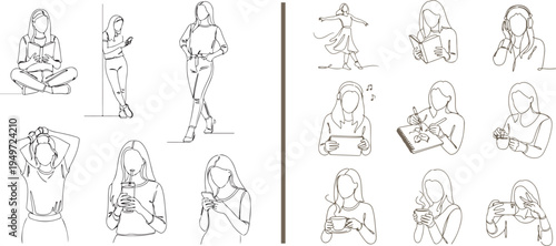 Minimalist brown line art vector set of women in various lifestyle poses: reading, dancing, drinking coffee, and using devices. Clean, aesthetic illustrations for wellness and hobby branding.