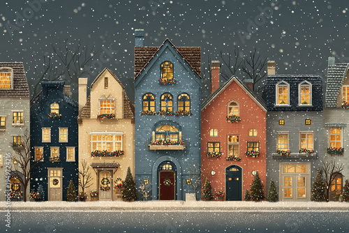 Cozy snowy Christmas town illustration with European style houses decorated with wreaths and lights, creating warm festive atmosphere during snowfall at night