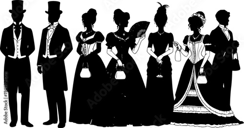 Silhouettes of victorian era men and women dressed in formal evening attire and elegant historical fashion styles vector graphic. isolated on white background, Vector, illustration