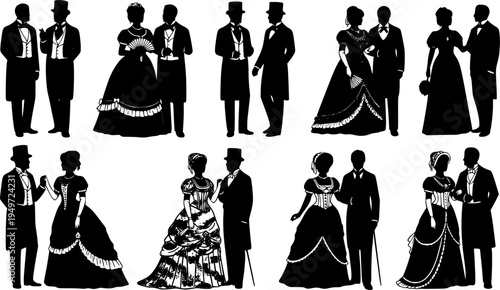 Silhouettes of victorian era men and women dressed in formal evening attire and elegant historical fashion styles vector graphic. isolated on white background, Vector, illustration