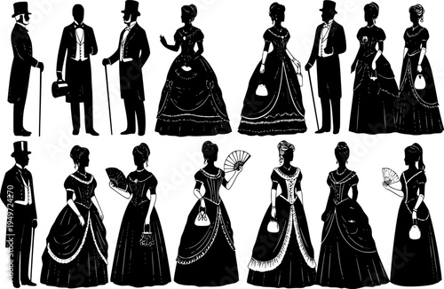 Silhouettes of victorian era men and women dressed in formal evening attire and elegant historical fashion styles vector graphic. isolated on white background, Vector, illustration