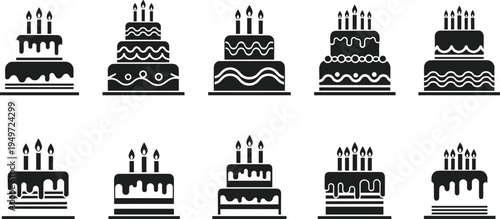 Birthday cake silhouette icon set, celebration dessert with candles, anniversary party bakery cake symbols vector illustration collection