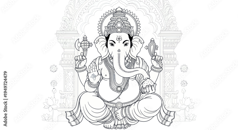 Obraz premium Ganesha Indian Deity Elephant Head God Hindu Religion Line Art Drawing