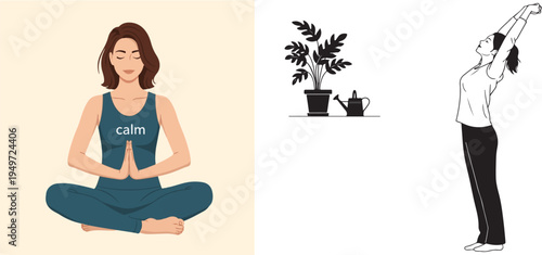 Vector set showing a woman meditating in a "calm" tank top, a black silhouette of a potted plant with a watering can, and a woman stretching. Clean graphics for wellness and home hobby themes.