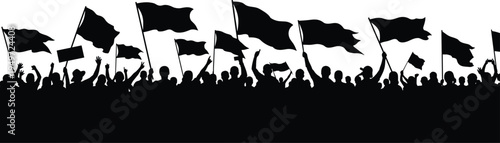 Protest crowd silhouette with waving flags, political demonstration rally people, activism revolution movement concept, public protest vector illustration