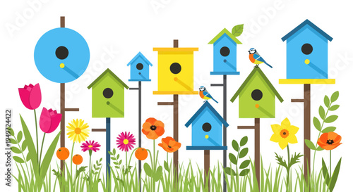 Colorful Birdhouses and Spring Flowers Collection
