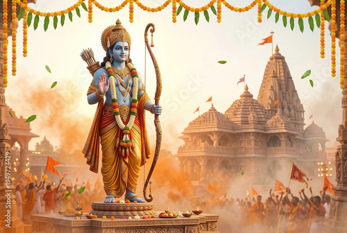 Lord Rama standing at Ram Mandir Ayodhya for Ram Navami festival banner