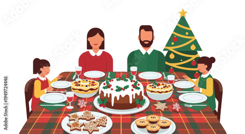 Family Christmas Dinner Celebration with Festive Food and Decorated Tree