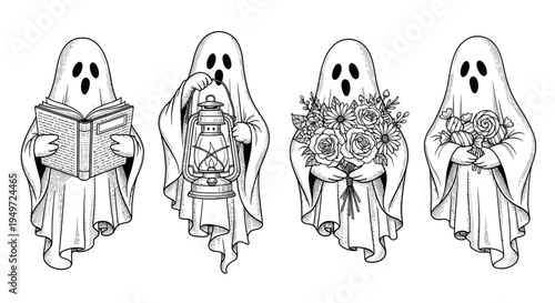 Four Cute Ghosts with Book, Lantern, Flowers, and Candy