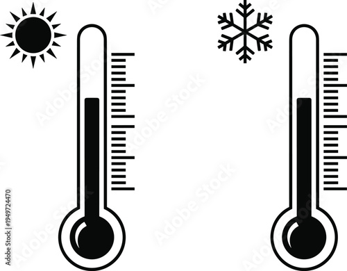 Thermometer hot and cold temperature icons, summer sun and winter snowflake symbols, weather climate measurement concept vector illustration