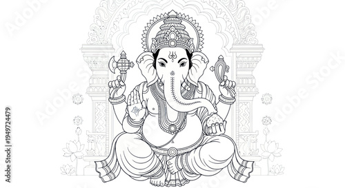 Ganesha Indian Deity Elephant Head God Hindu Religion Line Art Drawing