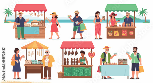 People Shopping at a Tropical Beach Market with Various Souvenir Stalls and Palm Trees Illustration