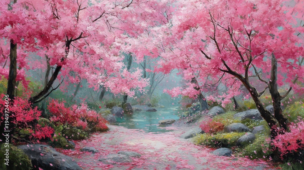 Fototapeta premium Serene Cherry Blossom Landscape with Tranquil Stream and Rocks