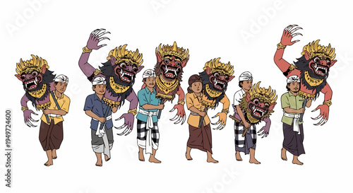 Vector illustration of Balinese men in traditional attire carrying large demon puppets during the Ogoh-ogoh parade for Nyepi festival in Bali.