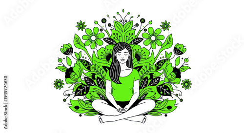 Woman meditating in lotus pose surrounded by green floral pattern, calm, nature, mindfulness