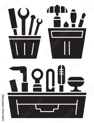 Group of black silhouette icons showing tool holders, drawers, and various hand tools like wrenches and screwdrivers.