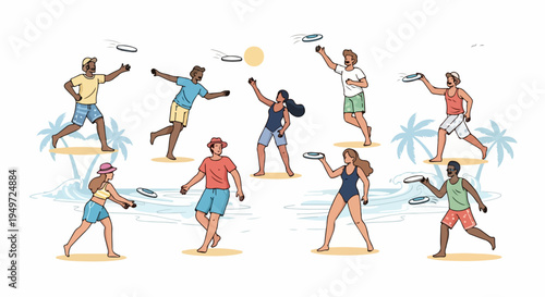 Illustration of a diverse group of people enjoying a fun day playing frisbee on a tropical beach with palm trees and waves.
