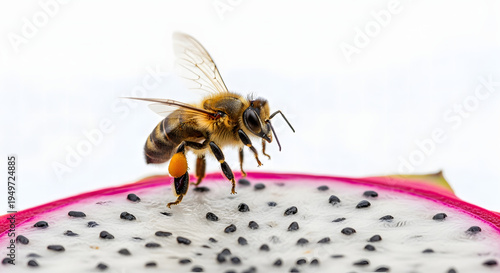 Hyperrealistic macro photograph of a honeybee mid-landing on a fresh-cut dragon fruit slice, carrying pollen sac, isolated on white background.