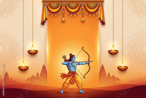 Lord Rama with bow and arrow for Ram Navami festival background banner