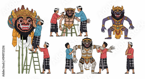 Balinese Artists Creating Traditional Ogoh-ogoh Statues for Nyepi Parade Celebration