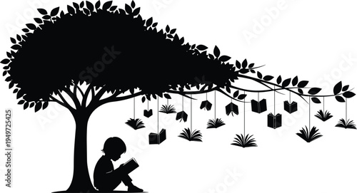 Silhouette of child reading under tree with books as fruit, black and white vector illustration symbolizing knowledge, education, growth, and learning concepts