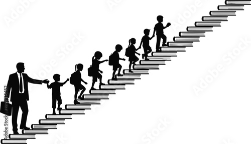 Silhouette of mentor guiding children up staircase of books, black and white vector illustration symbolizing education, mentorship, growth, and academic success concepts