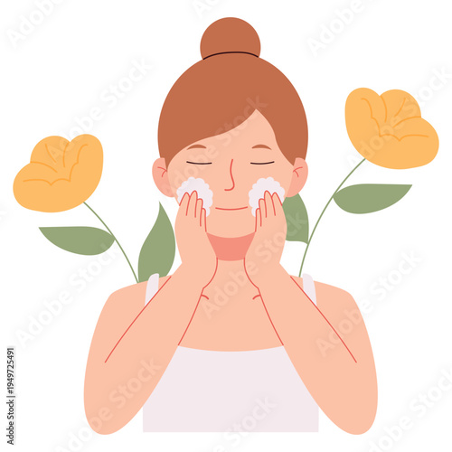 Flat illustration of women beauty care and skincare routine including facial treatment, cleansing, moisturizing, and skin care concept for beauty, dermatology, and skincare education design.