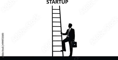 Silhouette of businessperson climbing startup ladder with briefcase, black and white vector illustration symbolizing entrepreneurship, ambition, progress, and business growth concepts