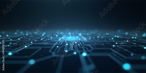 Futuristic blue circuit board background featuring a digital tech pattern with light effects for modern computer network and data communication design