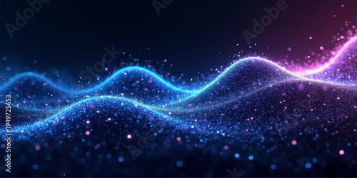 A deep blue abstract background features a bright galaxy nebula with glowing stars and light across the dark starry night sky of the outer space cosmos