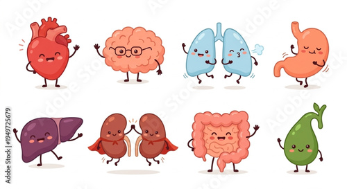 Cute human organ characters with funny faces for kids medical education vector