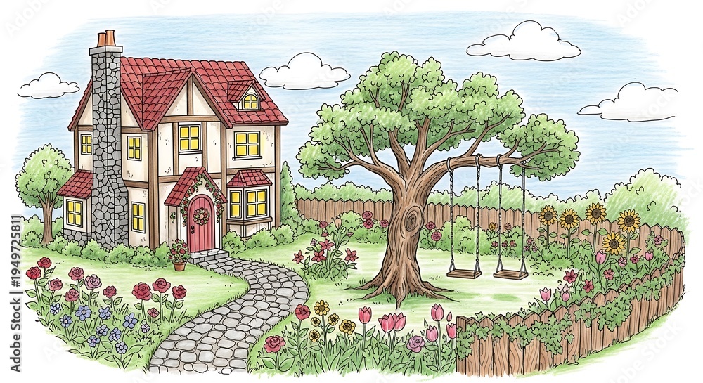 Fototapeta premium Whimsical House with Garden and Tree.
