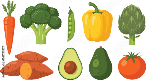 Fresh Healthy Vegetable Vector Illustration Set Featuring Carrot Broccoli Avocado Bell Pepper and Tomato with Detailed Etching Style for Nutrition and Culinary Designs