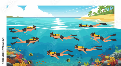 Group of divers exploring underwater coral reefs in a tropical paradise with a palm tree beach above the surface.