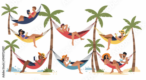 Vector illustration of diverse people relaxing in hammocks between palm trees on a tropical beach, reading, drinking cocktails, and enjoying summer vacation.