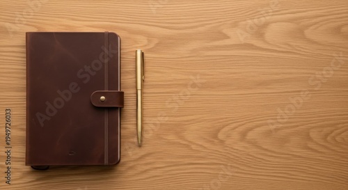 A minimalist desk setup with a single, elegant leather notebook and a gold pen, viewed from above. Empty space on the right
