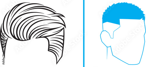 Vector illustrations of male hairstyles: a detailed black line art pompadour and a minimalist blue buzz cut with a fade. Clean, modern icons perfect for barbershop logos and grooming branding.