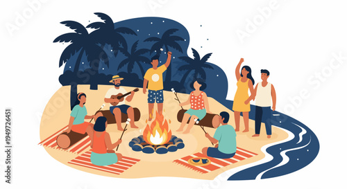 Diverse group of friends enjoying a tropical beach campfire at night with music and roasting marshmallows under palm trees.