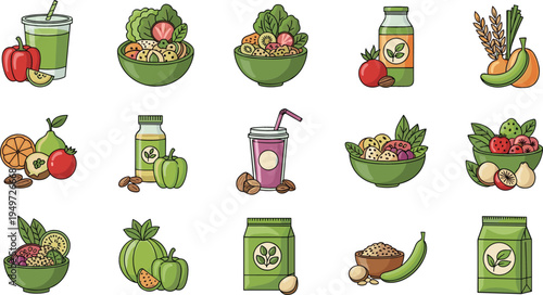 Healthy Food and Drink Products Including Smoothies, Salads, Fruits, and Plant-Based Beverages, Nutritional Illustration